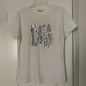 Zara White Tee with Silver Sequin Waves Size M